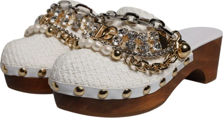 White Raffia Clogs Bejeweled Chain Sandals Women's Shoes - Image 3