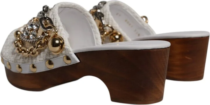 White Raffia Clogs Bejeweled Chain Sandals Women's Shoes - Image 4