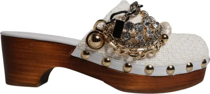 White Raffia Clogs Bejeweled Chain Sandals Women's Shoes