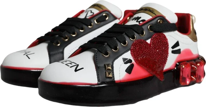 White Red Crystals Leather Portofino Sneakers Women's Shoes - Image 3