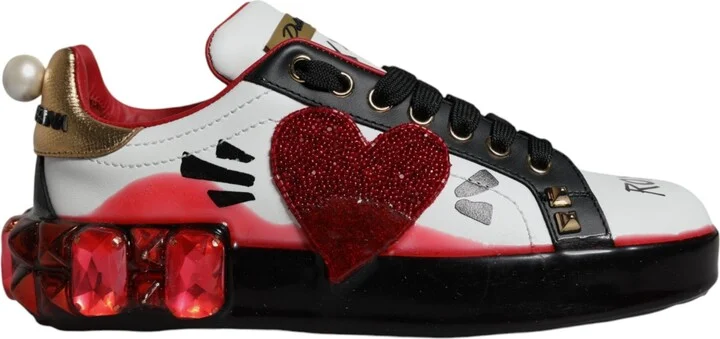 White Red Crystals Leather Portofino Sneakers Women's Shoes