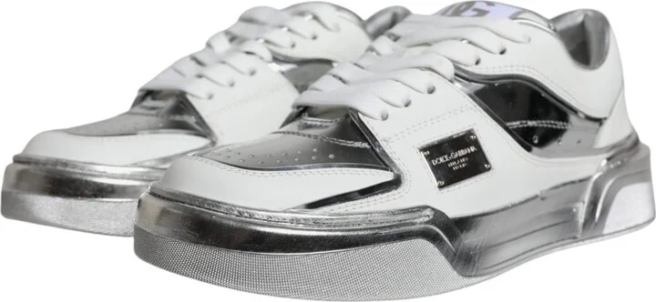 White Silver Leather Low Top Sneakers Women's Shoes - Image 3
