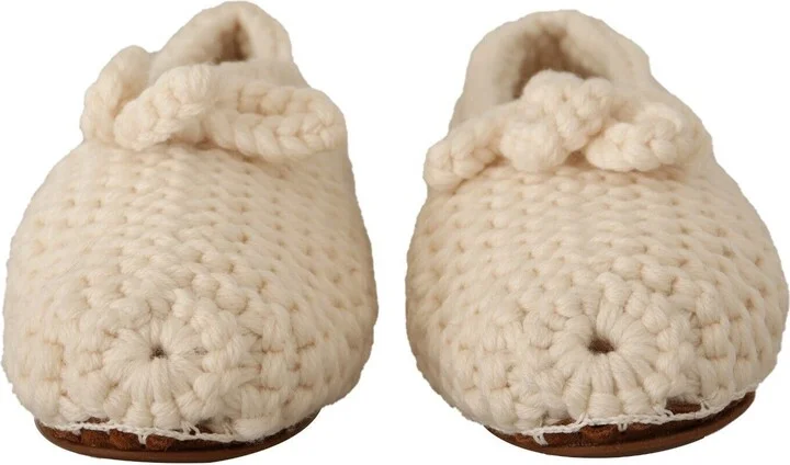 White Slip On Ballerina Flats Wool Knit Women's Shoes - Image 2