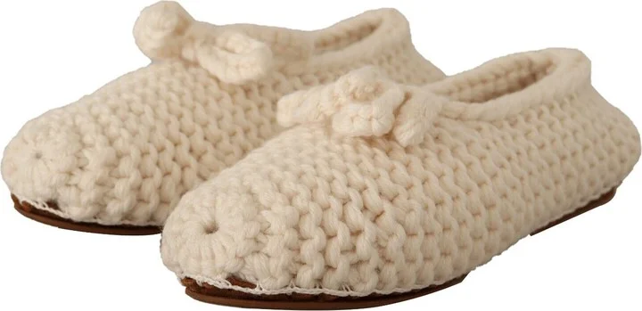 White Slip On Ballerina Flats Wool Knit Women's Shoes - Image 3