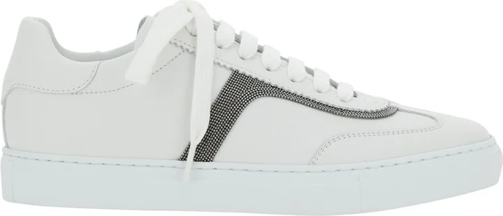 White Sneaker With Monili Chain Detail In Leather Woman