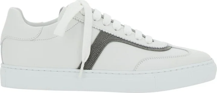 White Sneaker With Monili Chain Detail In Leather Woman
