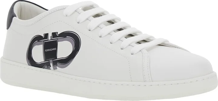 White Sneakers With Gancini Print On The Side And Contrasting Heel In Leather Man - Image 2