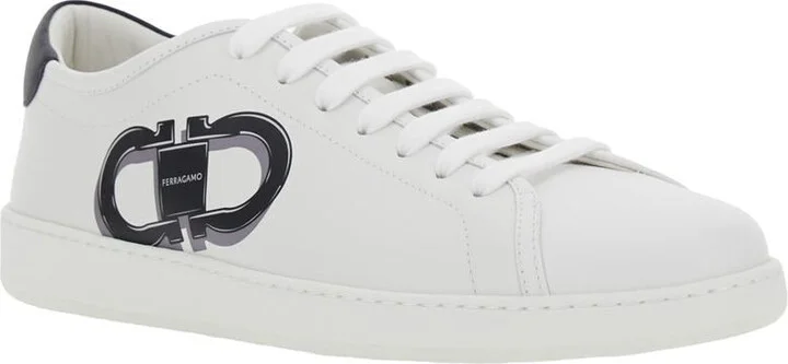 White Sneakers With Gancini Print On The Side And Contrasting Heel In Leather Man - Image 2