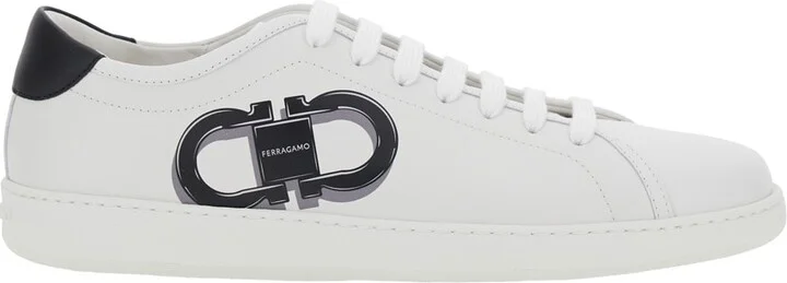 White Sneakers With Gancini Print On The Side And Contrasting Heel In Leather Man