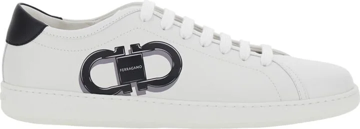 White Sneakers With Gancini Print On The Side And Contrasting Heel In Leather Man
