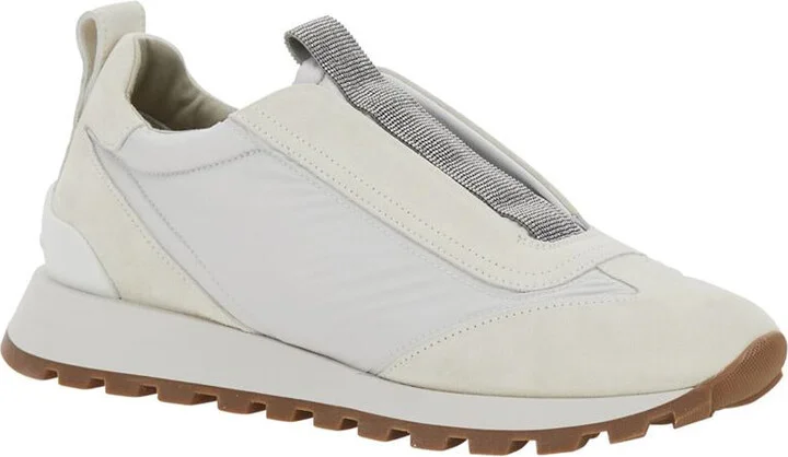 White Sneakers With Monile Insert In Suede And Fabric Woman - Image 2