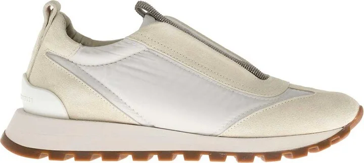 White Sneakers With Monile Insert In Suede And Fabric Woman