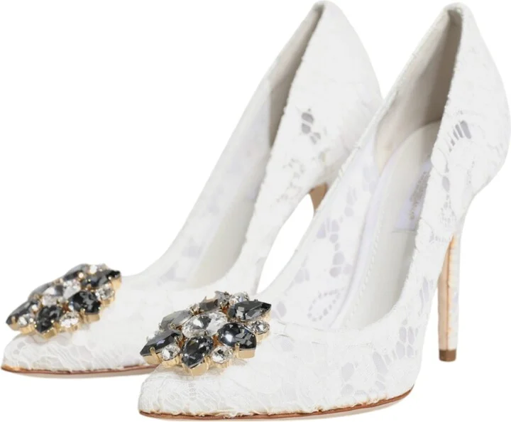 White Taormina Lace Crystal Heels Pumps Women's Shoes (Pre-Owned) - Image 4