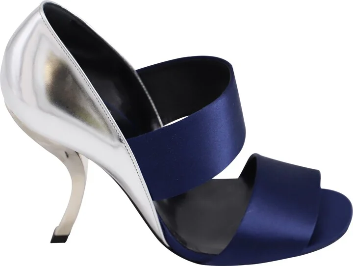 Wide Strap Open Toe Heels in Blue/Silver Leather