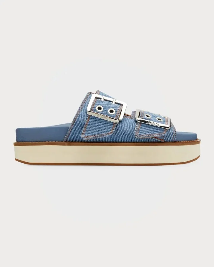 Wide Welt Chunky Buckle Sandal Suede Pale Khaki In Denim