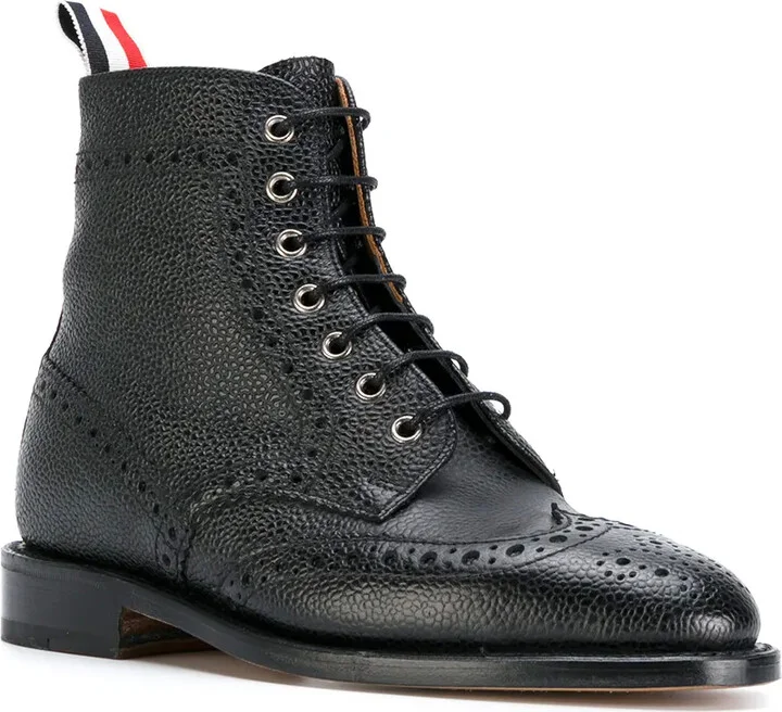 Wingtip Brogue Boot With Leather Sole In Black Pebble Grain - Image 2
