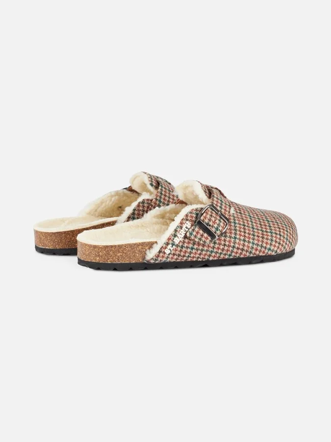 Woman Furry Sandal Clogs With Pied De Poule Print - Image 2