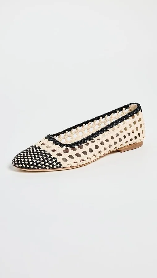 Women Ballerina Flats Nell Crochet Cream Black Leather Sole Shoes