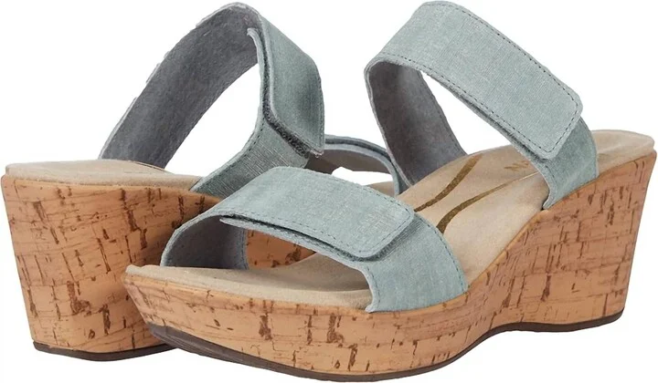 Women Caveran Wedge Sandal In Teal Linen Leather
