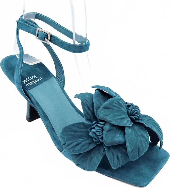 Women Honolulu Heeled Flower Sandal In Teal Suede