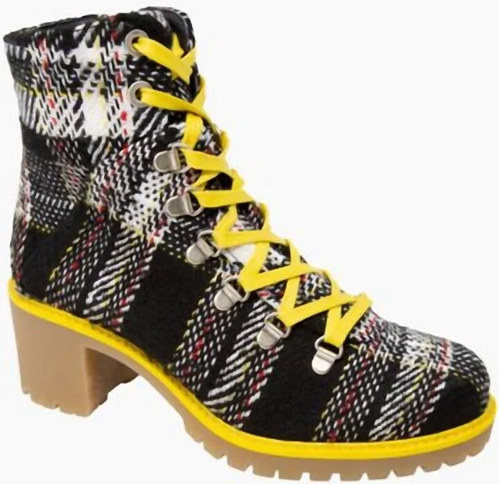 Women Indigo Lace Up Boots In Yellow Plaid