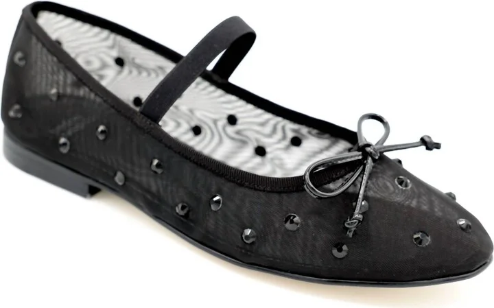 Women Releve Mary Jane Ballet Flat In Black Mesh With Gems