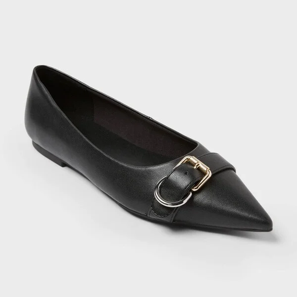 Women’s Valentina Pointed Toe Buckle Ballet Flats with Memory Foam Insole – A New day™ Black : Medium Width, Pull-On Style
