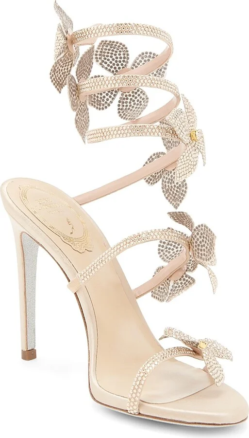 Women's 100MM Satin Floral High-Heel Sandals - Beige Golden - Size 8 - Image 2