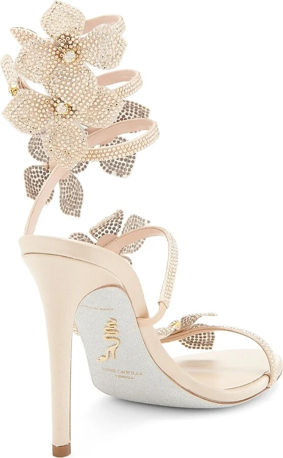 Women's 100MM Satin Floral High-Heel Sandals - Beige Golden - Size 8 - Image 3