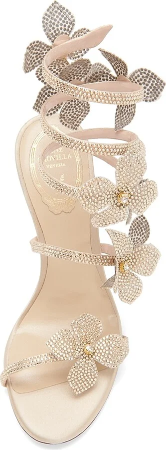 Women's 100MM Satin Floral High-Heel Sandals - Beige Golden - Size 8 - Image 4