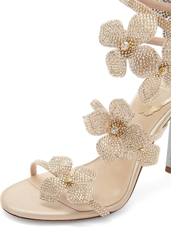 Women's 100MM Satin Floral High-Heel Sandals - Beige Golden - Size 8 - Image 5