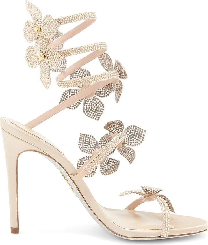 Women's 100MM Satin Floral High-Heel Sandals - Beige Golden - Size 8