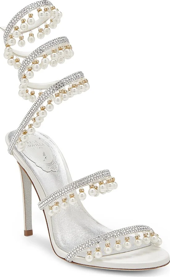 Women's 105MM Chandelier Imitation Pearl Satin Sandals - Ivory Crystal - Size 7 - Image 2