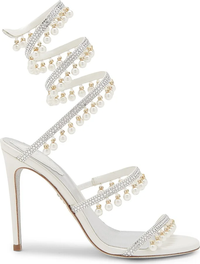 Women's 105MM Chandelier Imitation Pearl Satin Sandals - Ivory Crystal - Size 7