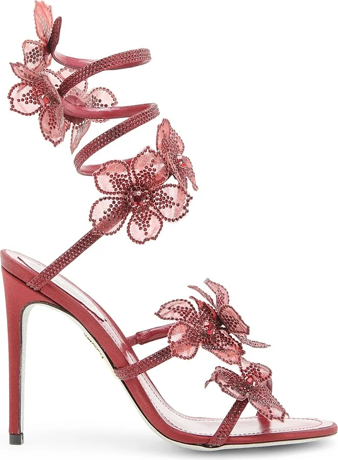 Women's 105MM Crystal-Embellished Floral Satin Sandals - Bordeaux Satin Siam Strass - Size 5