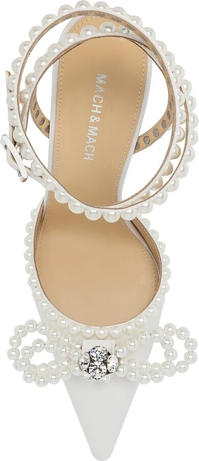 Women's 110MM Embellished Double Bow Satin Pumps - White - Size 6 - Image 4