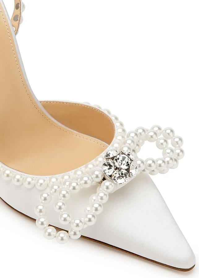Women's 110MM Embellished Double Bow Satin Pumps - White - Size 6 - Image 5