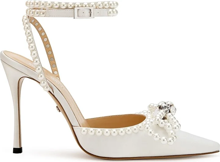 Women's 110MM Embellished Double Bow Satin Pumps - White - Size 6