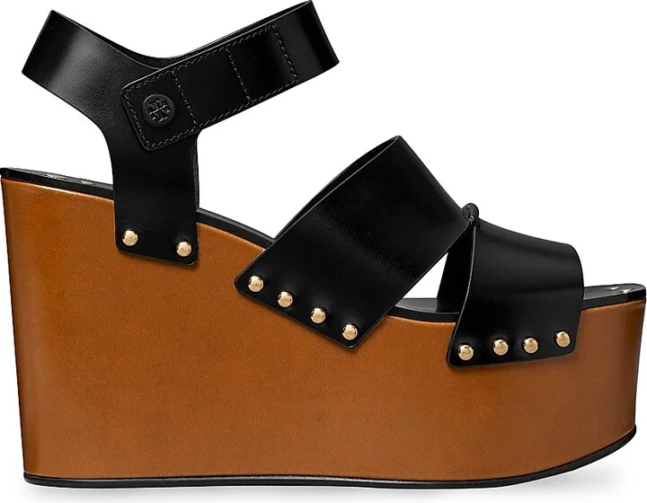 Women's 110MM Studded Leather Platform Wedge Sandals - Perfect Black - Size 10