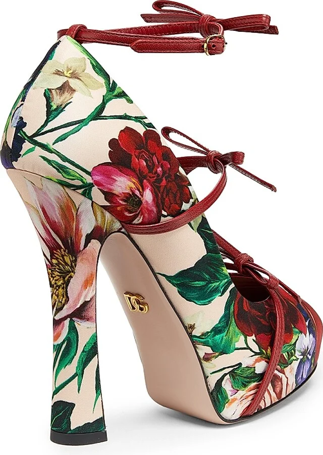 Women's 125MM Floral Satin Platform Slingback Pumps - White Rose Multi - Size 6 - Image 3