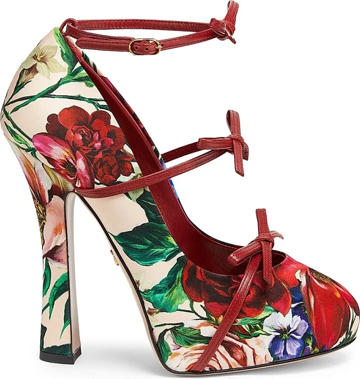 Women's 125MM Floral Satin Platform Slingback Pumps - White Rose Multi - Size 6