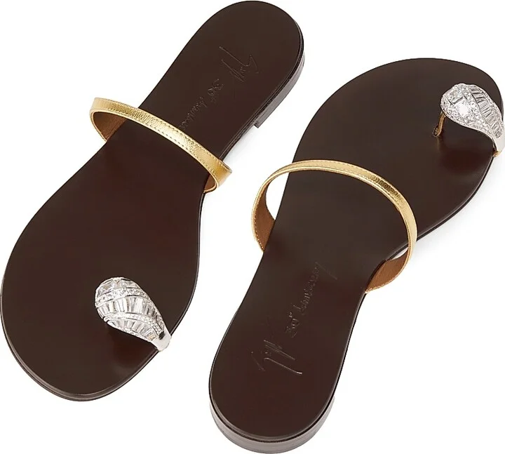 Women's 30th Anniversary Crystal-Embellished Toe Ring Metallic Leather Sandals - Brown Gold - Size 7 - Image 4