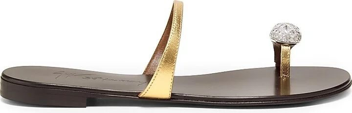 Women's 30th Anniversary Crystal-Embellished Toe Ring Metallic Leather Sandals - Brown Gold - Size 7