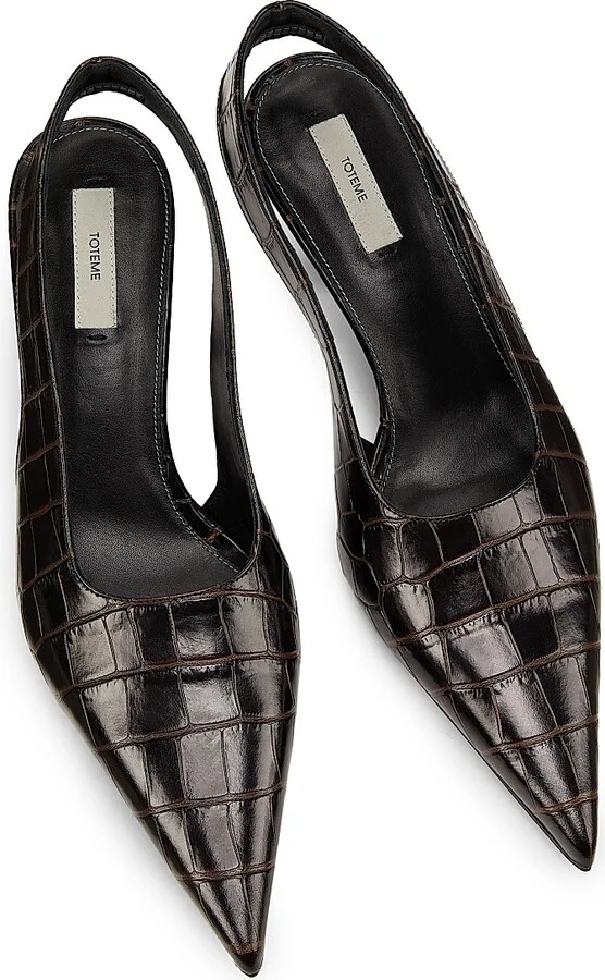 Women's 55MM Croc-Embossed Leather Slingback Pumps - Dark Brown - Size 5 - Image 3