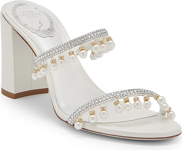 Women's 80MM Chandelier Imitation Pearl & Rhinestone Satin Mules - Ivory Crystal - Size 5.5 - Image 2