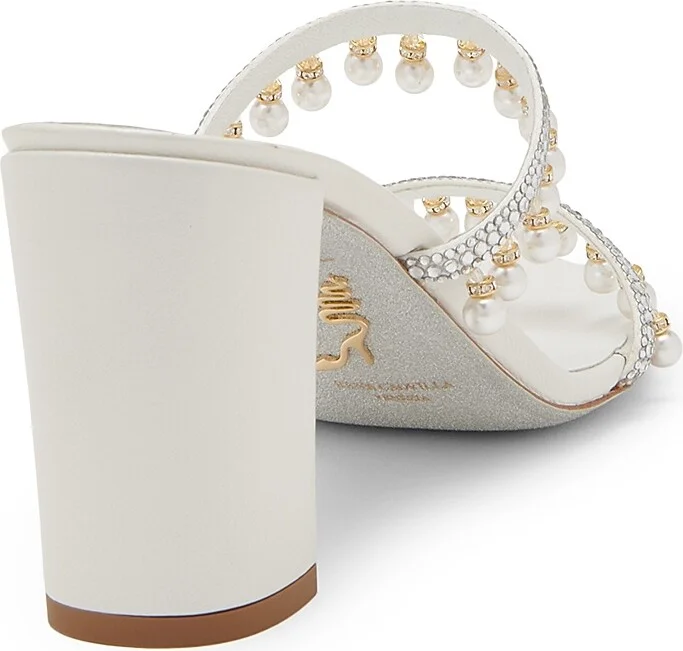 Women's 80MM Chandelier Imitation Pearl & Rhinestone Satin Mules - Ivory Crystal - Size 5.5 - Image 3