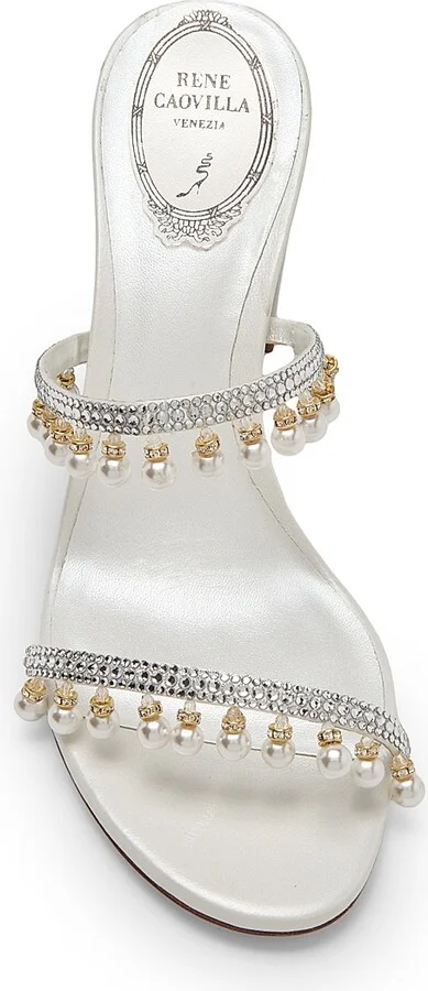 Women's 80MM Chandelier Imitation Pearl & Rhinestone Satin Mules - Ivory Crystal - Size 5.5 - Image 4