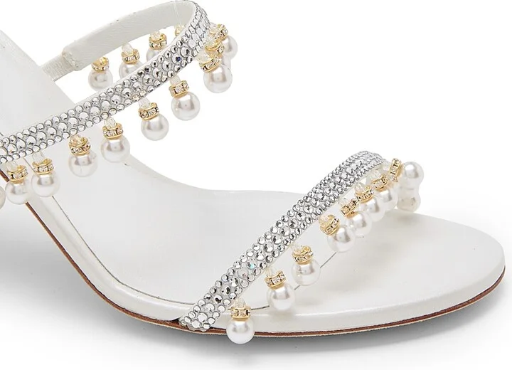 Women's 80MM Chandelier Imitation Pearl & Rhinestone Satin Mules - Ivory Crystal - Size 5.5 - Image 5