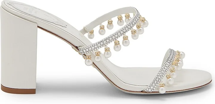 Women's 80MM Chandelier Imitation Pearl & Rhinestone Satin Mules - Ivory Crystal - Size 5.5