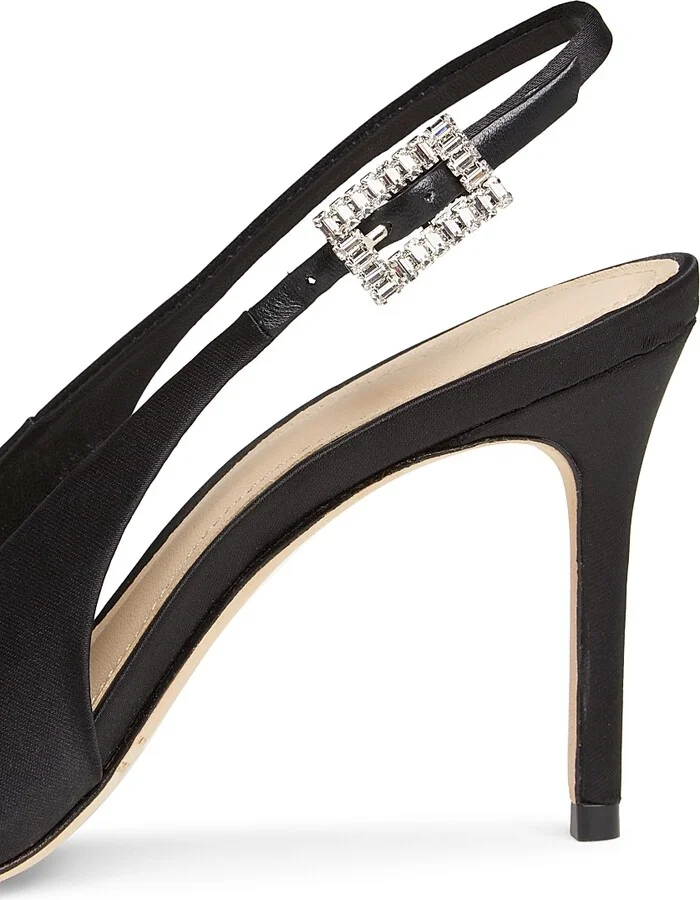 Women's 85MM Crystal-Buckle Satin Slingback Pumps - Black - Size 9.5 - Image 5